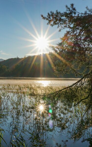 Schöne Morgenstimmung am Reintalersee, über dem Wasser befindet sich noch eine kleine Nebeldecke doch der Sonnenschein ragt hindurch  | © Alpbachtal Tourismus 