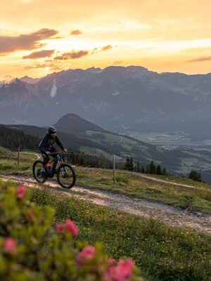 Mountainbike Panoramatoru bei Sonnenuntergang mit Almrosen bei Kolber, Reith i.A. | © shootandstyle