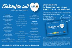 Inserat zur WiR Alpbachtal Stempelpassaktion 2024 mit allen teilnehmenden Betrieben in Brixlegg, Kramsach, Alpbach, Münster, Rattenberg und Reith i. A.; beworben wird die Chance auf WiR-Gutscheine im Gesamtwert von 1.700 Euro bei drei Verlosungen im Mai, Juni und Juli. | © WiR Alpbachtal